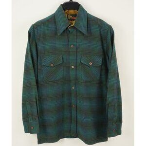 Vintage 1980s Shadow Plaid Wool Board Shirt Mens Medium Blue Green Woven Brushed